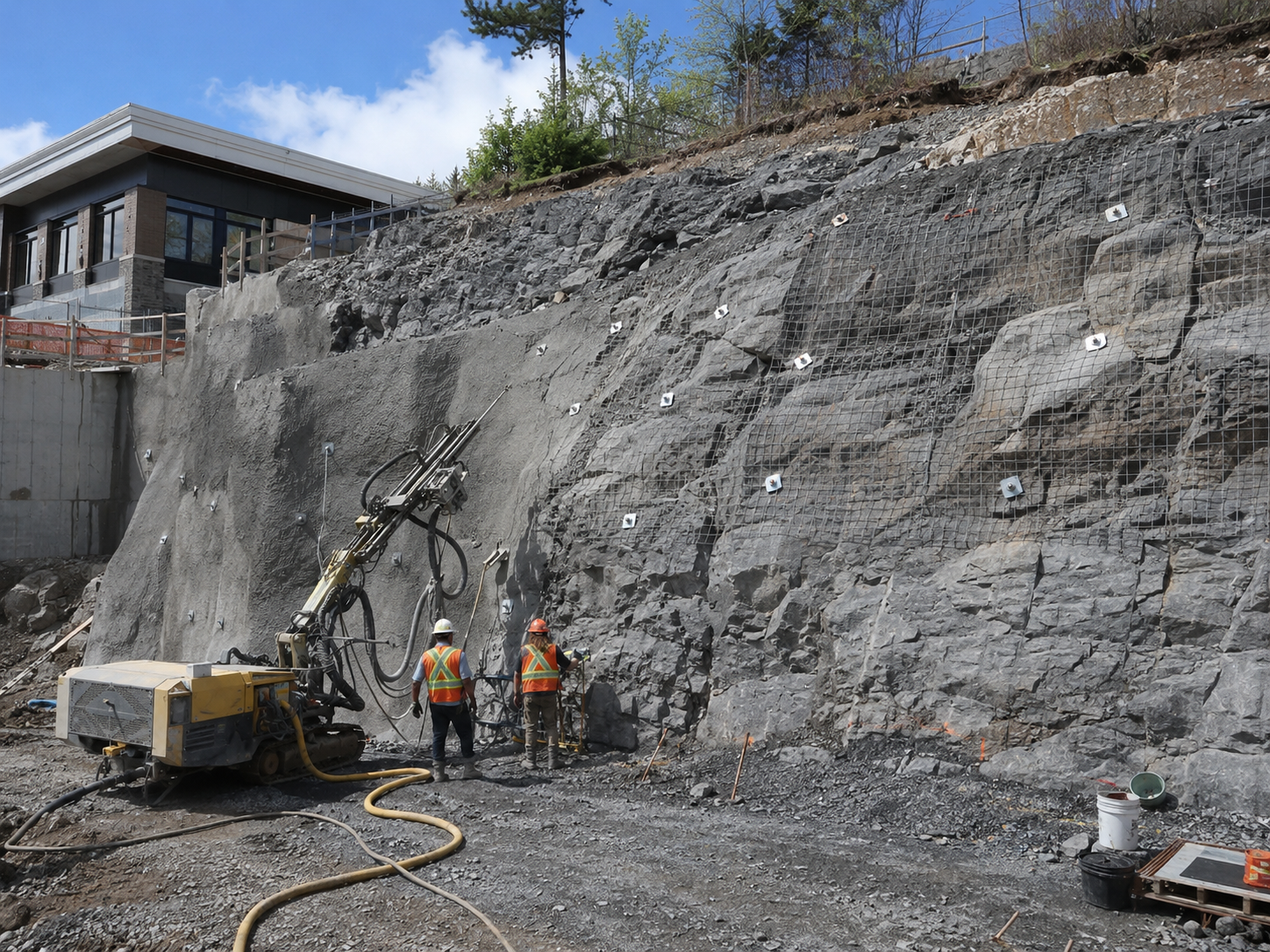 Paroi rocheuse stabilisée avec bermes, treillis et boulons au roc